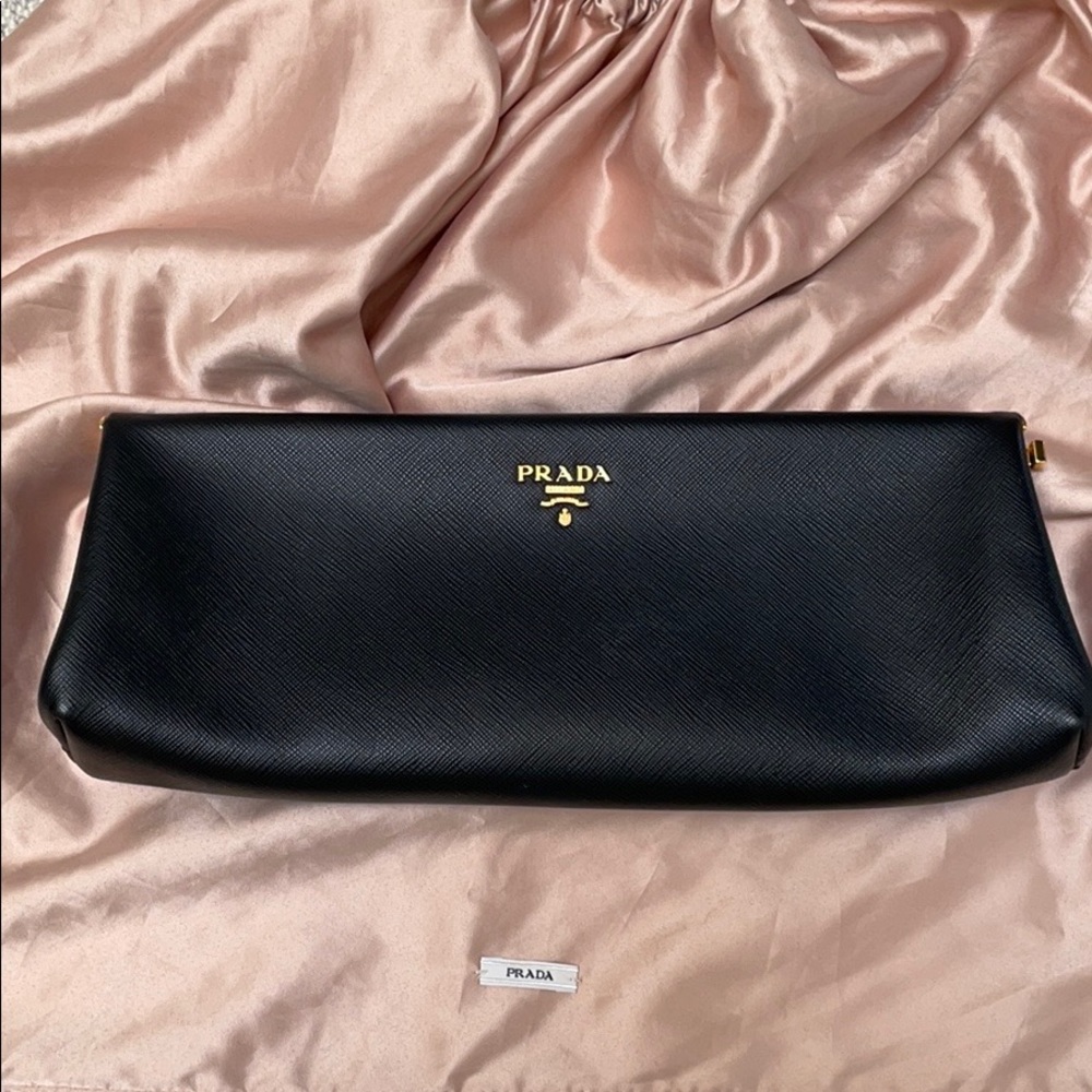 PRADA East West Frame Clutch in Black Saffiano and Gold Tone Hardware - Picture 5 of 14